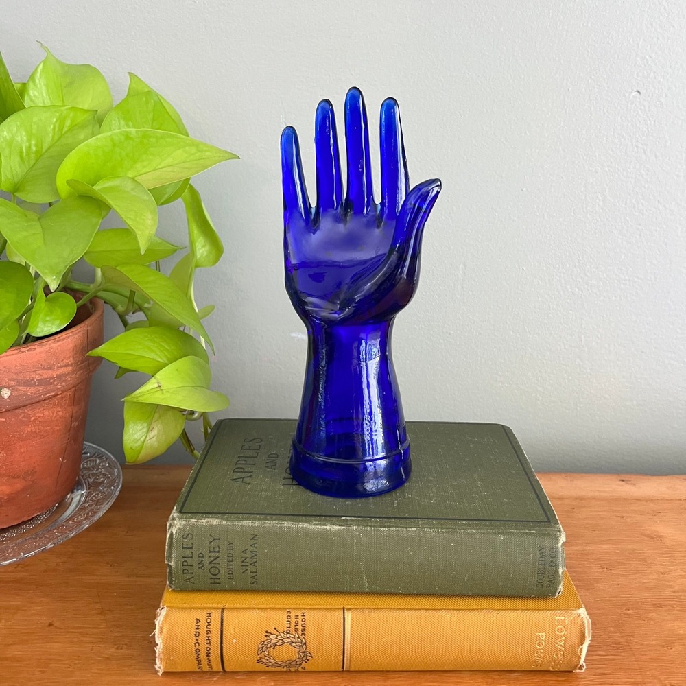 Vintage Cobalt Blue Glass Hand Ring Display Jewelry Holder 8 Inch